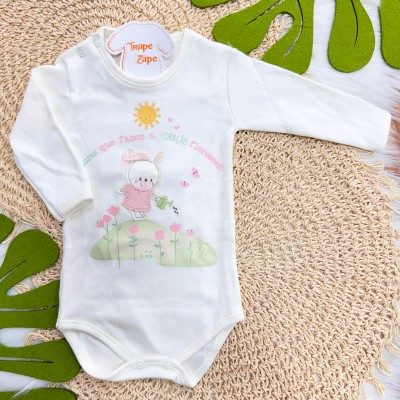 Kit 3 Peças - Bodys Manga Longa Flores Que Fazem O Coração Florescer - Rosa, Off White e Rose